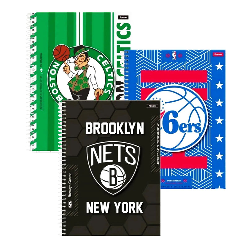 Kit 3 Caderno NBA Espiral Clippers Celtics Nets 96Fls Spiral