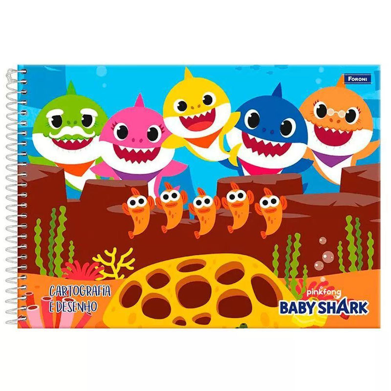 Caderno Baby Shark Desenho Cartografia Espiral 96 Fls