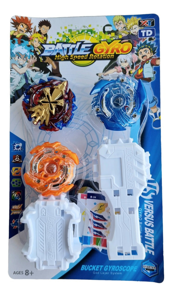 Kit 3 Beyblades + 1 Lançador + Suporte Grip - Tornado Gyro