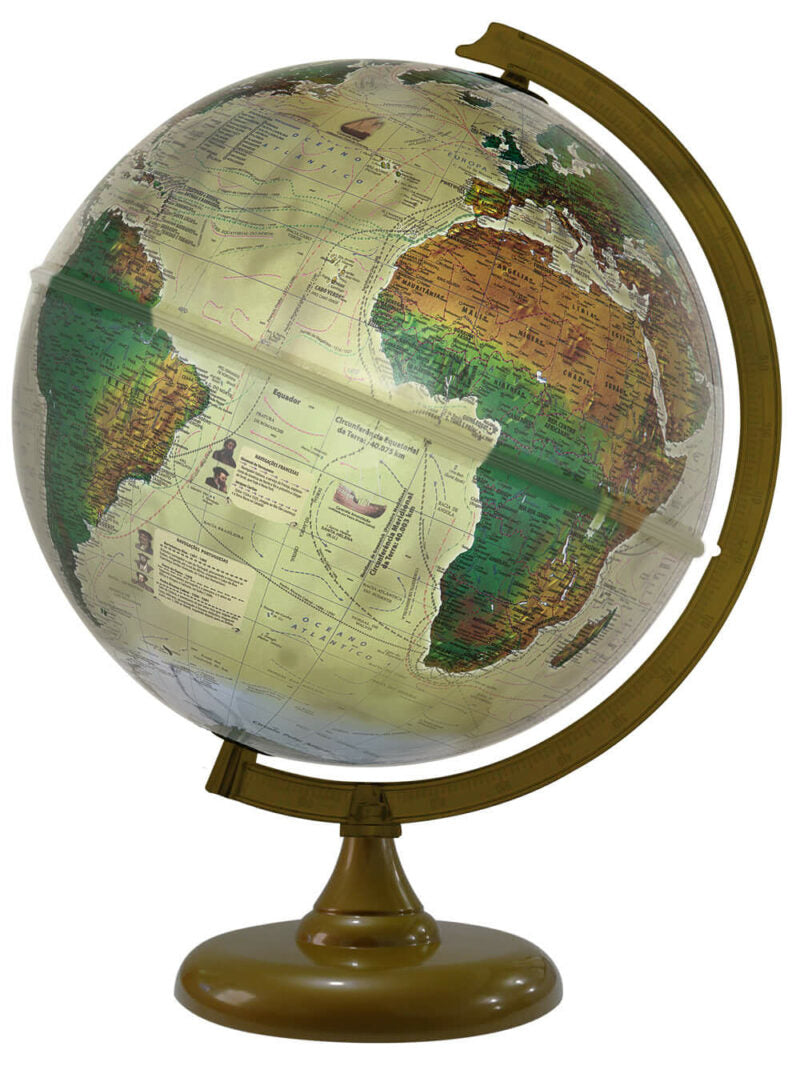 Globo Terrestre 30cm Historico Led Branco Base Ouro Velho