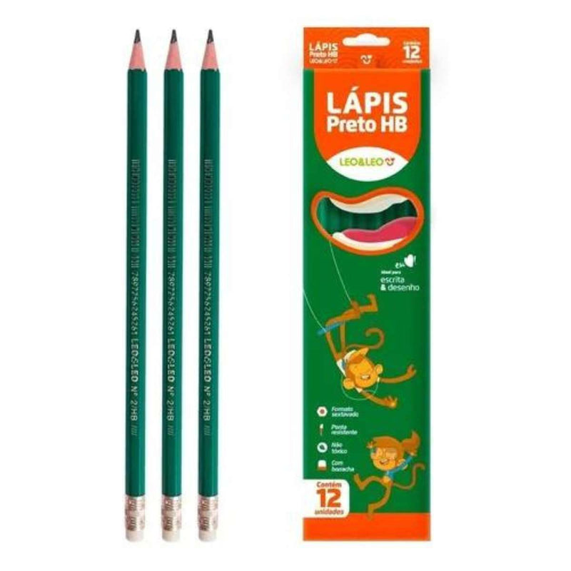 12 Lapis de Escrever Escolar Hb Com Borracha Leo Leo - Atacado
